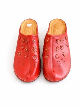 Atalina Red Leather Floral Comfort Clog Mules EU 41.5 / US 10.5